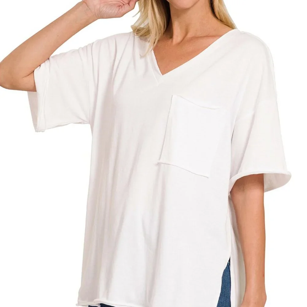Zenana Front Pocket Raw Edge Boyfriend Tee - Picture 1 of 3